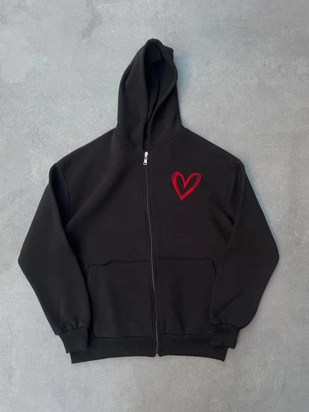 Üç İplik Baskılı Fermuarlı Kapşonlu Hırka - Siyah - Resim 2