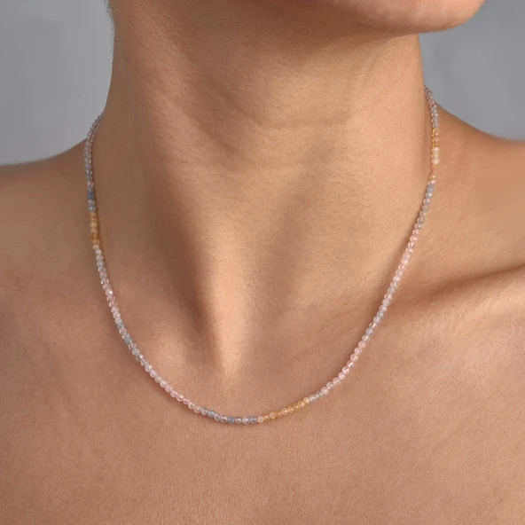 925 Ayar Gümüş Altın Kaplama Minimal Doğal Morganit Taşlı Kolye - NGS00120 - 2