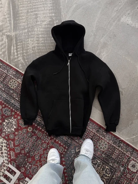 Oversize Tam Fermuarlı Uzun Kol Hırka - Siyah - Resim 2
