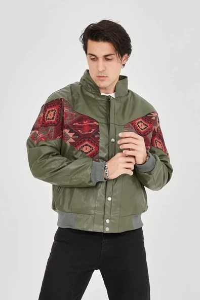 Erkek İçi Astarlı İçten Yaka Kısmı Peluşlu Suni Kumaş Vintage Ceket - Haki - Resim 4