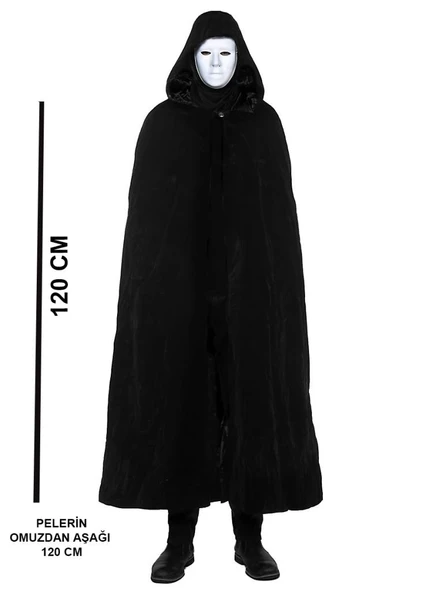 Siyah Kapüşonlu 120 cm Pelerin ve Beyaz Boyanabilir Tam Yüz Maske - 1