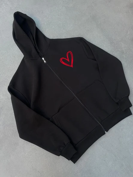 Üç İplik Baskılı Fermuarlı Kapşonlu Hırka - Siyah ürün görseli