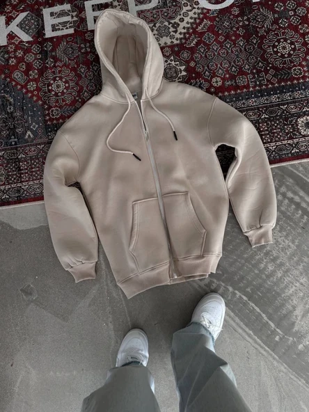 Oversize Tam Fermuarlı Uzun Kol Hırka - Bej - Resim 2