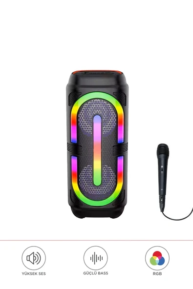 2132 Siyah Mikrofonlu RGB Ledli Taşınabilir Bluetooth Hoparlör Parti Speaker