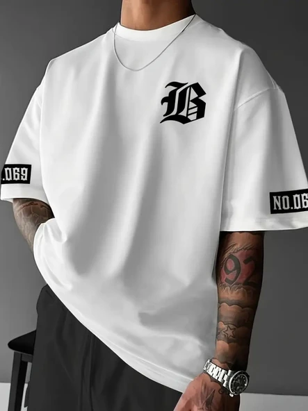 Baskılı Oversize Bisiklet Yaka T-shirt - Beyaz ürün görseli