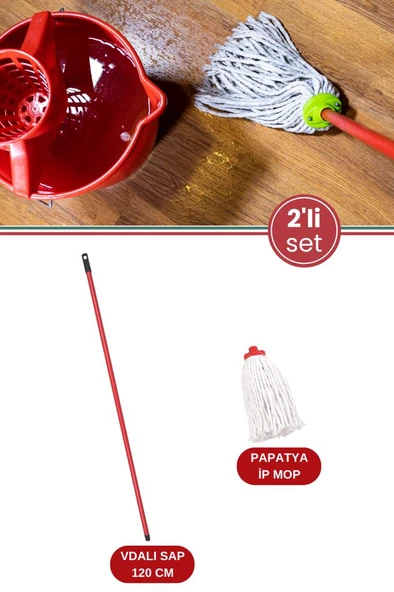 Standart Mop Temizlik Kovalarıyla Uyumlu Sap ve Paspas Seti, 120cm Vidalı Metal Sap + Papatya İp Mop ürün görseli 1