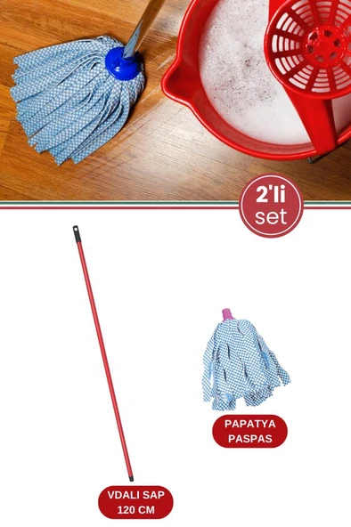 Standart Mop Temizlik Kovalarıyla Uyumlu Sap ve Paspas Seti, 120cm Vidalı Metal Sap + Papatya Paspas ürün görseli 1