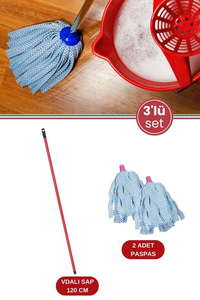 Standart Mop Temizlik Kovalarıyla Uyumlu Sap ve Paspas Seti, 120cm Vidalı Metal Sap + 2 Adet Paspas ürün görseli 1