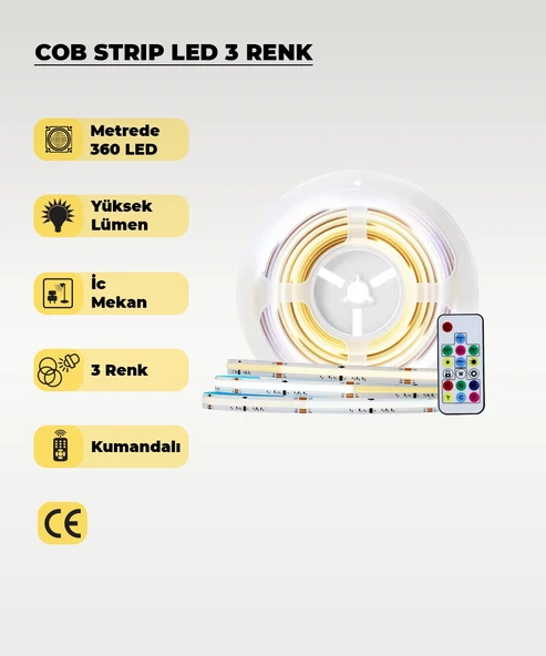 12V COB Şerit Led 3 Renk Işık  -Kumandalı- Metrede 360 Led - 5 Metre - 1