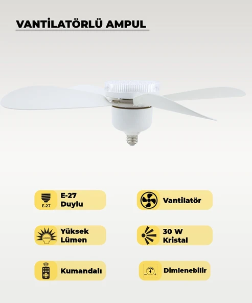 5 Kanatlı Vantilatör LED Ampul 3 Renk - Kumandalı ürün görseli