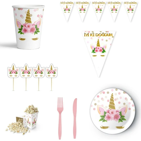 Parti Sürprizi Unicorn Çiçekli Tema Doğum Günü Parti Seti 8 Kişilik ürün görseli