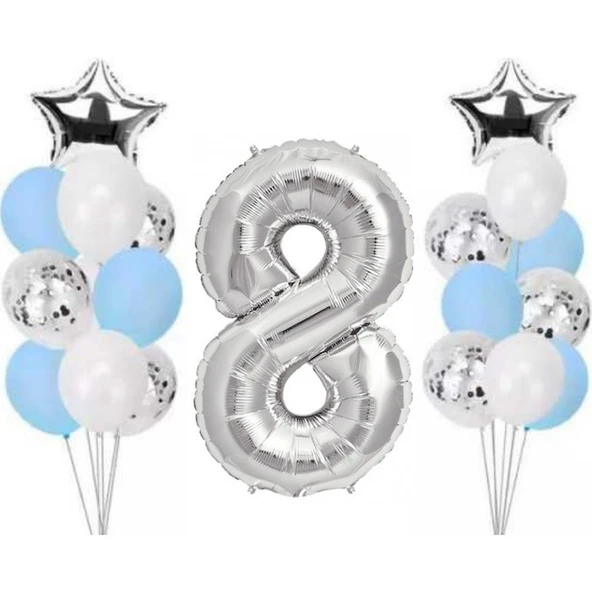 Parti Sürprizi 8 Yaş Gümüş Folyo Balon Set 21 Adet ürün görseli