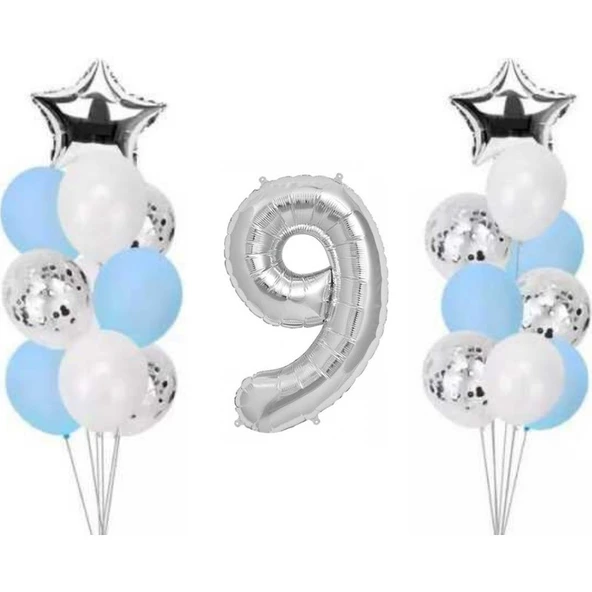 Parti Sürprizi 9 Yaş Gümüş Folyo Balon Set 21 Adet ürün görseli