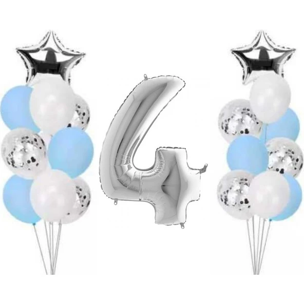 Parti Sürprizi 4 Yaş Gümüş Folyo Balon Set 21 Adet ürün görseli