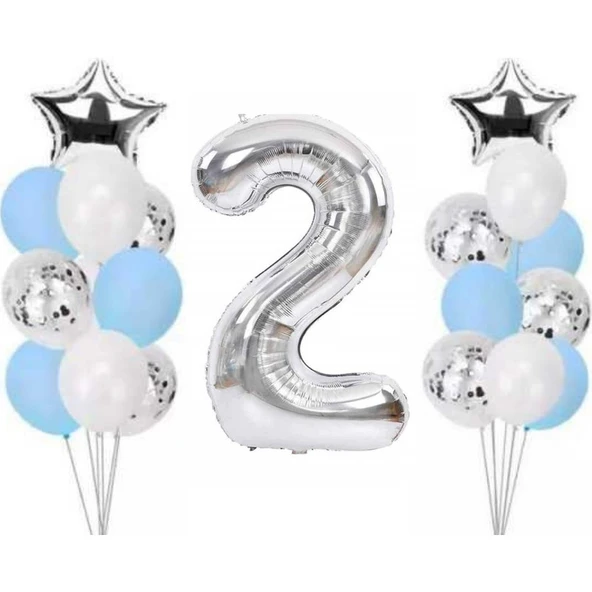 Parti Sürprizi 2 Yaş Gümüş Folyo Balon Set 21 Adet ürün görseli