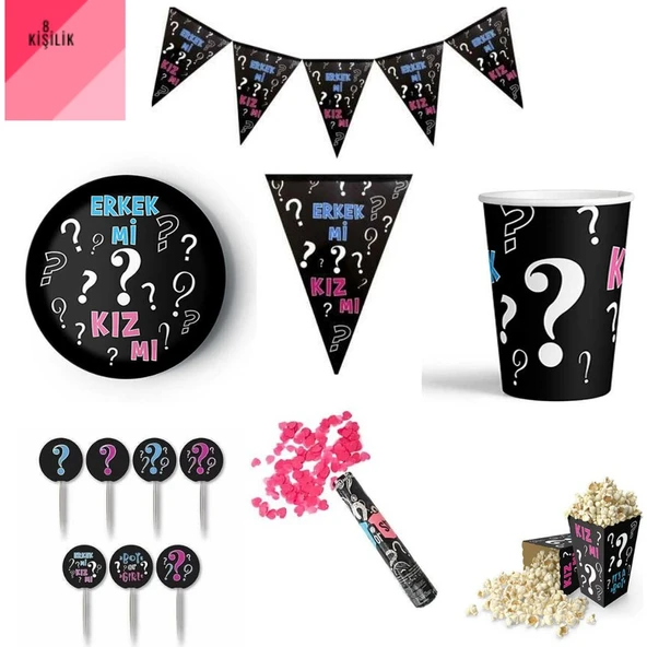 Parti Sürprizi Cinsiyet Belirleme Partisi Pembe Patlayan Konfeti Kız Parti Seti 8 Kişilik ürün görseli