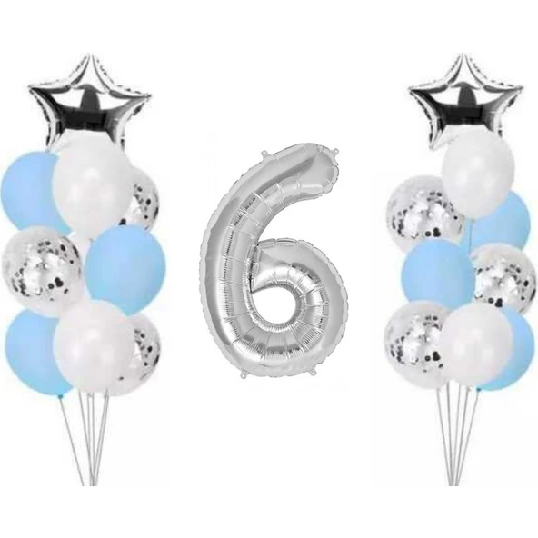 Parti Sürprizi 6 Yaş Gümüş Folyo Balon Set 21 Adet ürün görseli