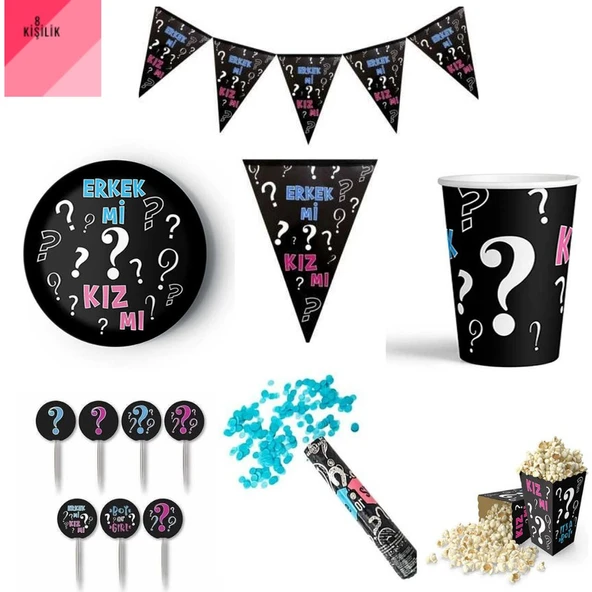 Parti Sürprizi Cinsiyet Belirleme Partisi Mavi Patlayan Konfetili Erkek Parti Seti 8 Kişilik ürün görseli