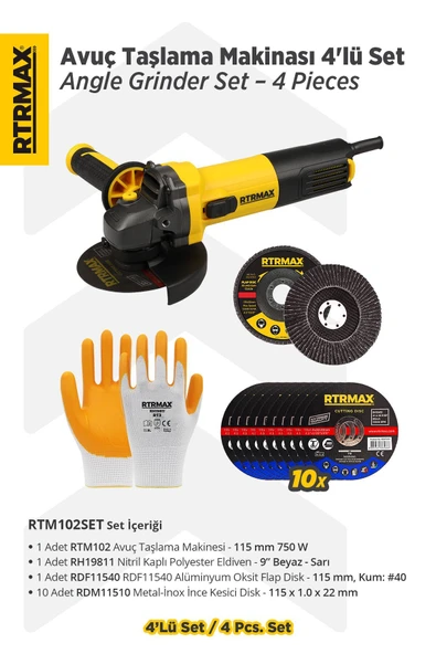 RTM102SET Avuç Taşlama Makinası 4'lü Set - Eldiven-Kesici Disk-Flap Disk - 1