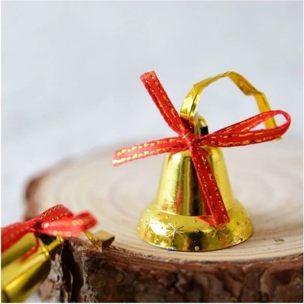 Parti Sürprizi Gold Renk Kırmızı Kurdeleli Çam Ağacı Çan Süs 9 Adet ürün görseli
