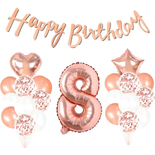Parti Sürprizi 8 Yaş Rose Gold Happy Birthday Set ürün görseli
