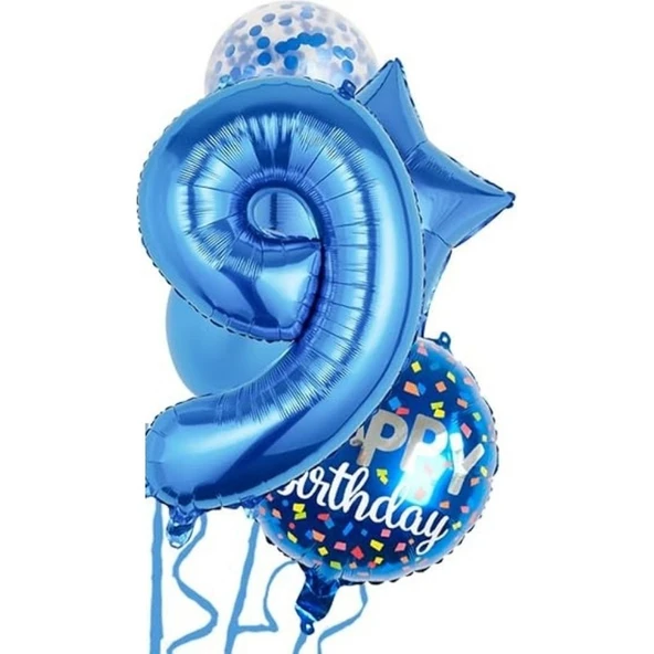 Parti Sürprizi Mavi 9 Yaş Happy Birthday Konfetili Balon Set ürün görseli
