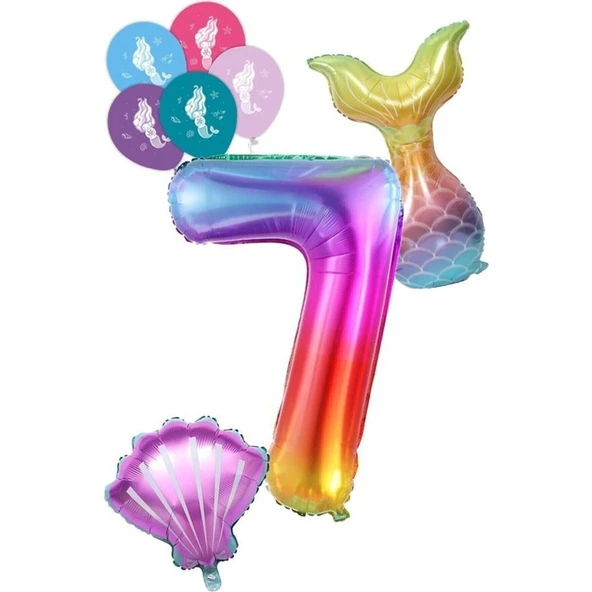 Parti Sürprizi 7 Rakam Gökkuşağı Deniz Kızı Folyo Balon Seti ürün görseli