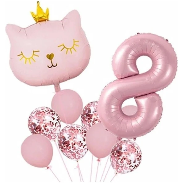 Parti Sürprizi Taçlı Pembe Kedi 8 Yaş Folyo Balon Set ürün görseli