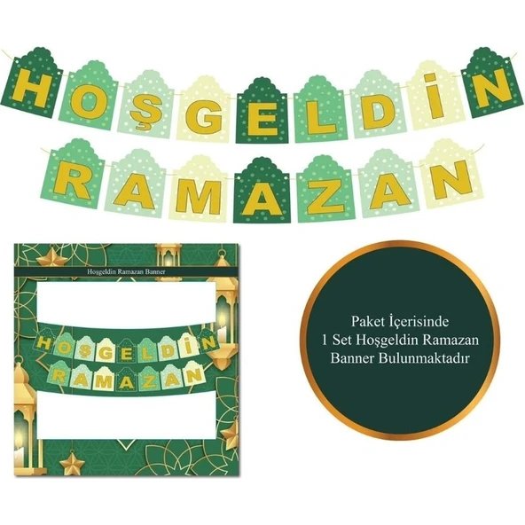 Parti Sürprizi Hoş Geldin Ramazan Yeşil Üzeri Gold Banner Set ürün görseli