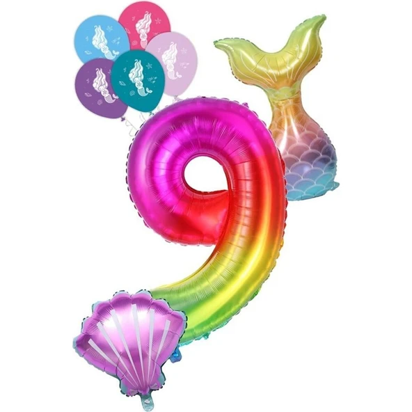 Parti Sürprizi 9 Rakam Gökkuşağı Deniz Kızı Folyo Balon Seti ürün görseli