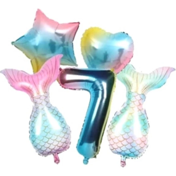Parti Sürprizi Rainbow Deniz Kızı Kuyruğu 7 Yaş Folyo Balon Set ürün görseli