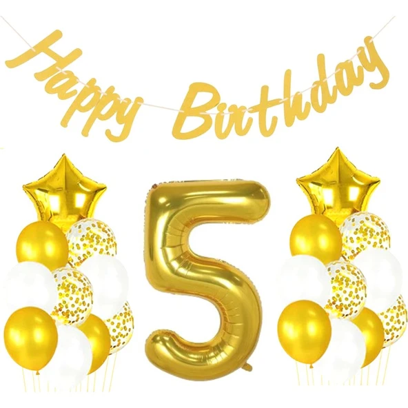 Parti Sürprizi 5 Yaş Altın Happy Birthday Set ürün görseli