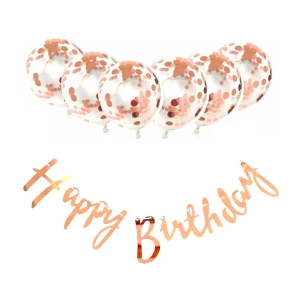 Parti Sürprizi Metalize Happy Birthday Rose Gold Banner Set ürün görseli