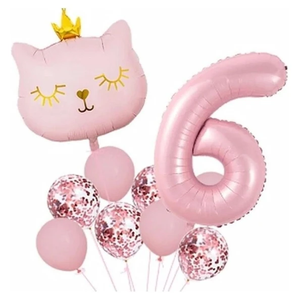 Parti Sürprizi Taçlı Pembe Kedi 6 Yaş Folyo Balon Set ürün görseli