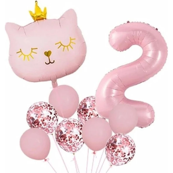 Parti Sürprizi Taçlı Pembe Kedi 2 Yaş Folyo Balon Set ürün görseli