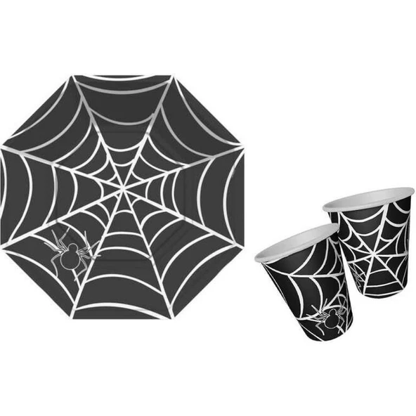 Parti Sürprizi Cadılar Bayramı Örümcek Ağı Siyah Tabak Bardak Set ürün görseli