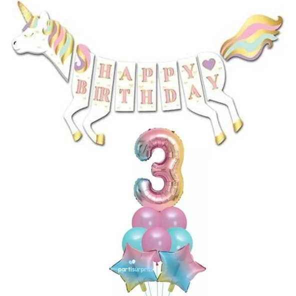 Parti Sürprizi Unicorn 3 Yaş Happy Birthday Gökkuşağı ürün görseli