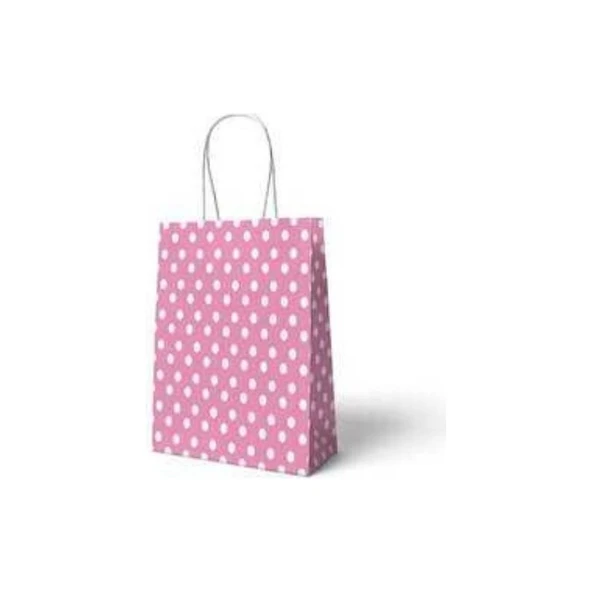 Parti Sürprizi Pembe Puanlı Büküm Saplı 6 Adet Hediye Çantası 22 x 24 cm ürün görseli