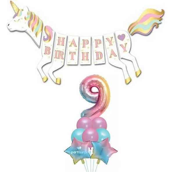 Parti Sürprizi Unicorn 9 Yaş Happy Birthday Gökkuşağı ürün görseli