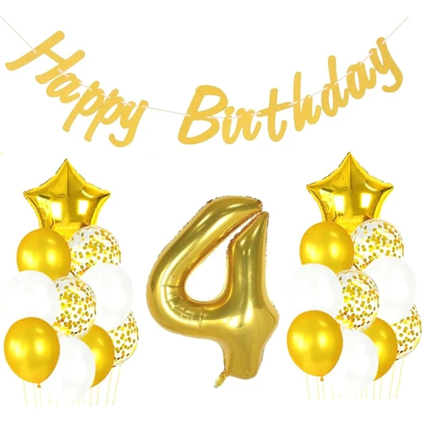 Parti Sürprizi 4 Yaş Altın Happy Birthday Set ürün görseli