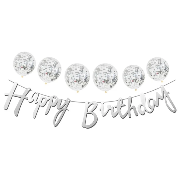 Parti Sürprizi Metalize Happy Birthday Gümüş Banner Set ürün görseli