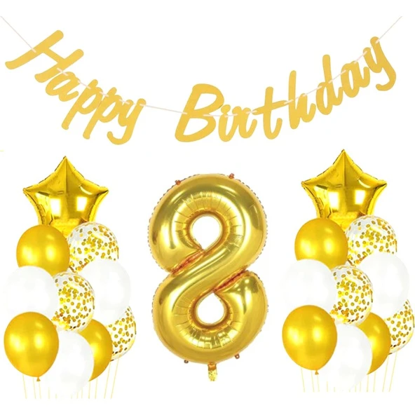 Parti Sürprizi 8 Yaş Altın Happy Birthday Set ürün görseli