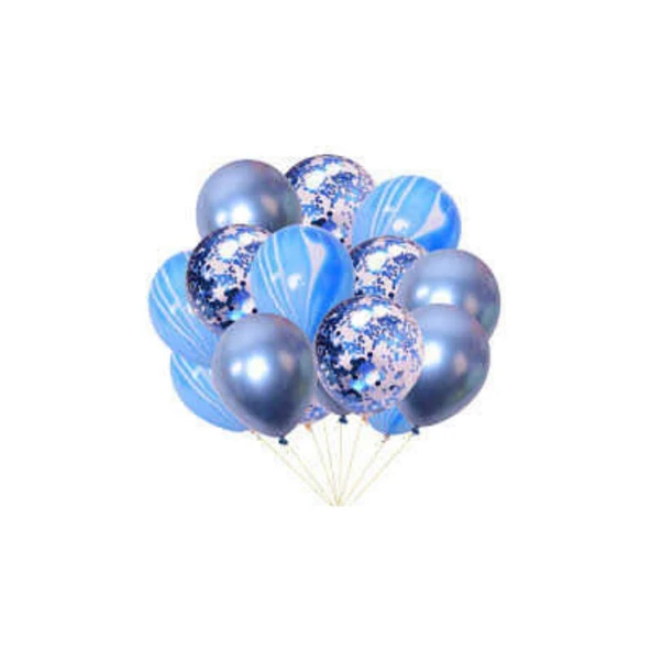 Parti Sürprizi Mavi Renk Konfetili Mermer Desenli Balon Set ürün görseli
