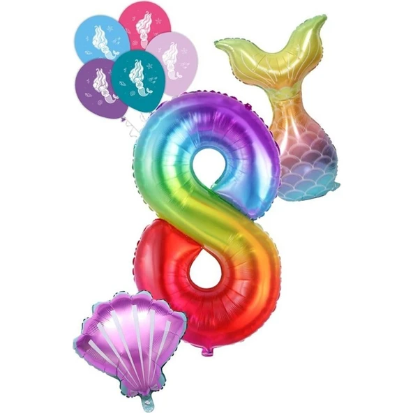 Parti Sürprizi 8 Rakam Gökkuşağı Deniz Kızı Folyo Balon Seti ürün görseli