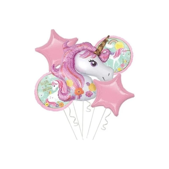 Parti Sürprizi Çiçekli Unicorn 5 Li Folyo Balon Set ürün görseli