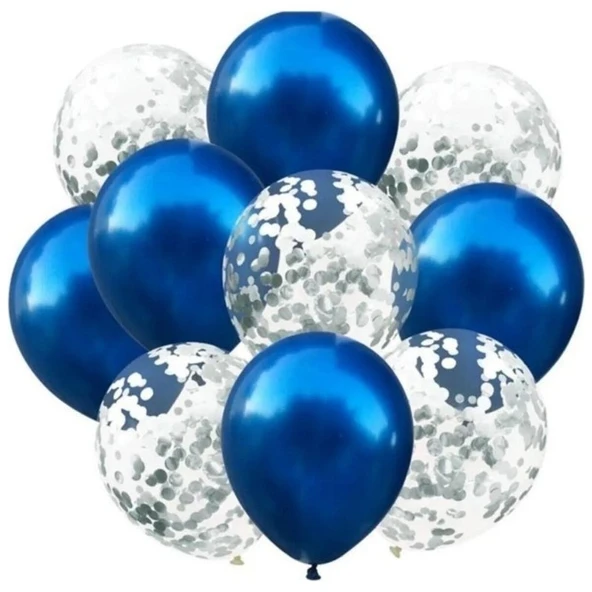 Parti Sürprizi Lacivert Gümüş Konfetili Balon 10 Adet ürün görseli