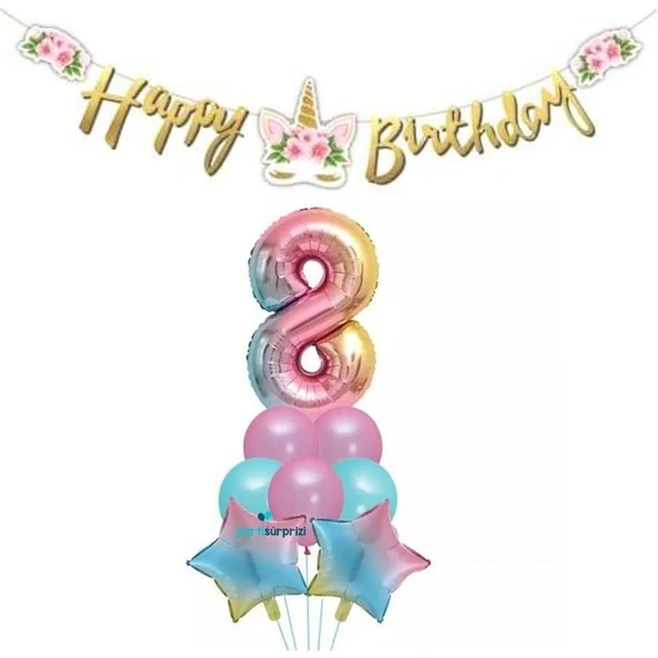 Parti Sürprizi Çiçekli Unicorn 8yaş Gökkuşağı Balon Set ürün görseli