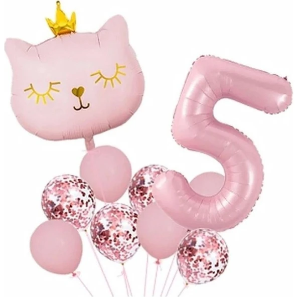 Parti Sürprizi Taçlı Pembe Kedi 5 Yaş Folyo Balon Set - 1