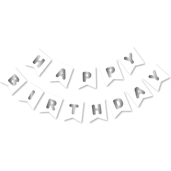 Parti Sürprizi Beyaz Üzeri Gümüş Happy Bırthday Yaldızlı Banner ürün görseli
