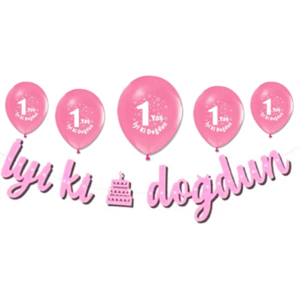 Parti Sürprizi İyi Ki Doğdun 1 Yaş Pembe Balonlu Set ürün görseli